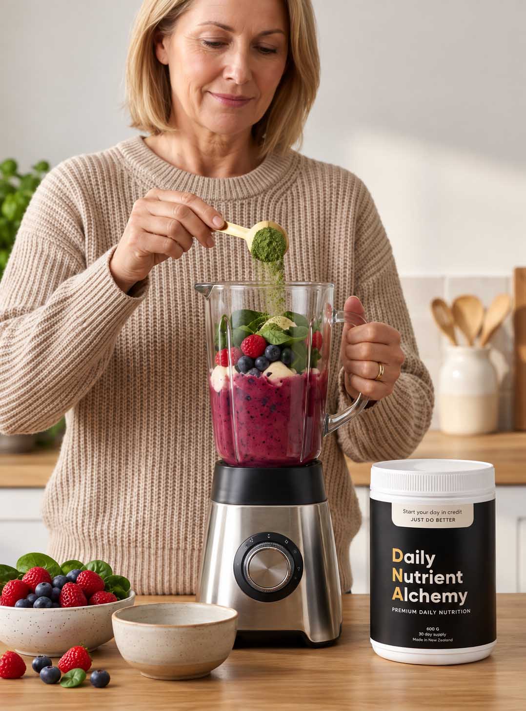 A woman in a beige knit sweater adds green powder from a spoon into a blender filled with fruit and vegetables. A jar labeled Daily Nutrient Alchemy sits on the counter beside bowls of fresh berries and other fruits in a bright kitchen setting.