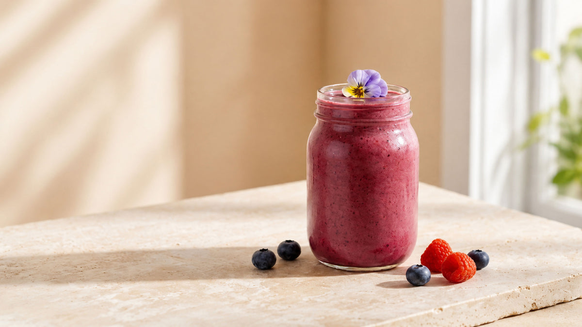 A pinkish-purple smoothie in a clear glass mason jar, garnished with a small purple flower, set on a light stone surface with blueberries and raspberries around it.