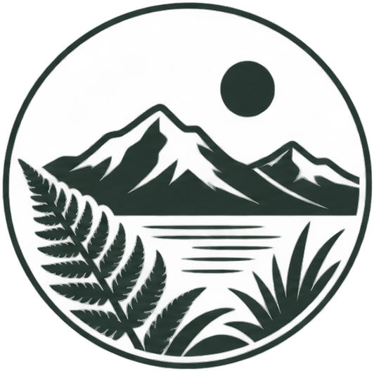 A circular black and white vector graphic featuring a mountain range, a lake, a fern leaf, tropical plants, and a sun.