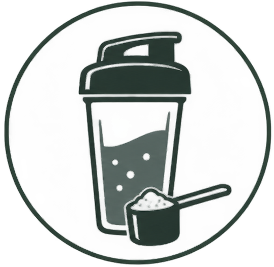 A dark green and white vector-style icon of a shaker bottle with a scoop of powder in front, centered inside a circular border.