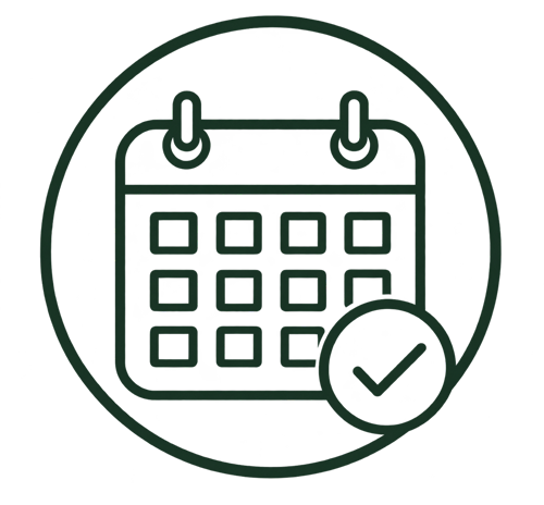 A dark green line icon of a calendar with a check mark badge, centered inside a matching circular outline on a white background.