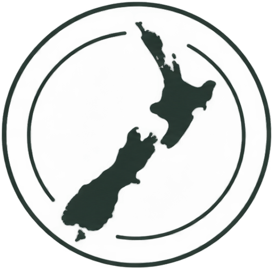 A minimalist graphic of the map of New Zealand enclosed in a circular border, rendered in dark green on a white background.