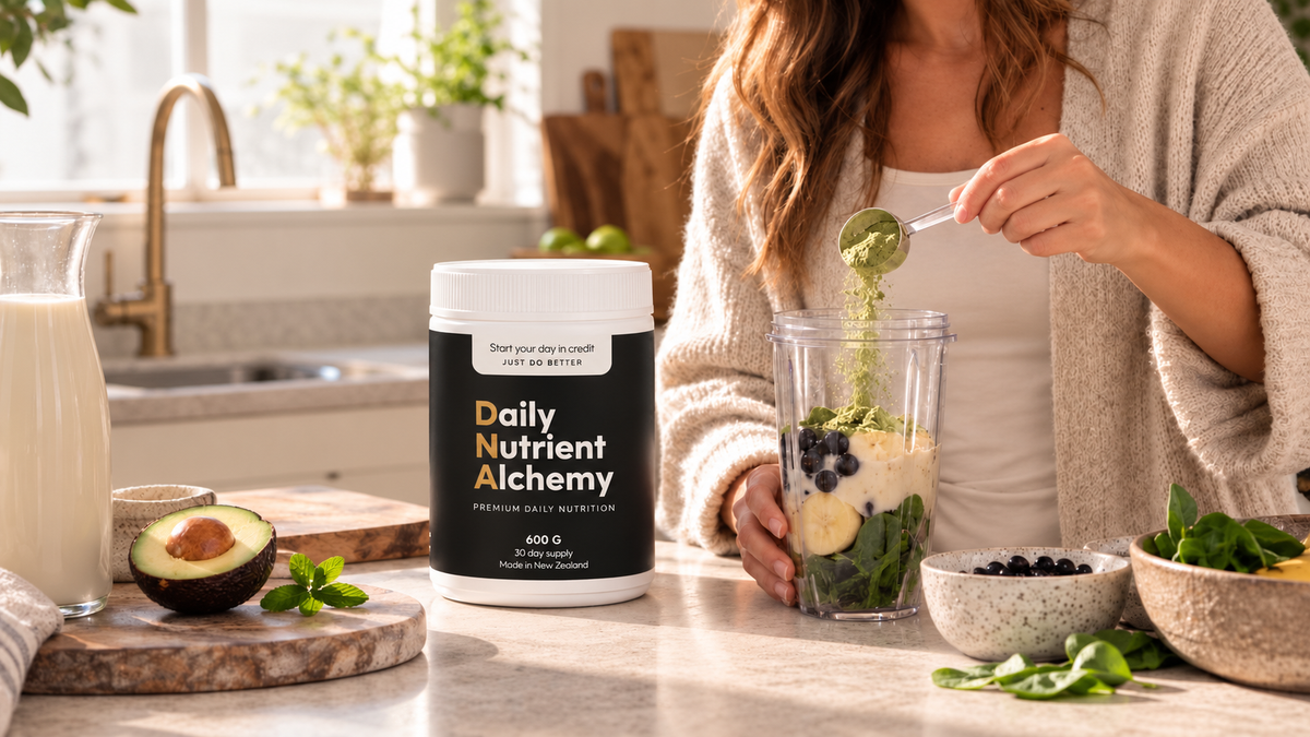 A woman in a cozy kitchen setting adds green powder from a spoon to a blender cup containing greens, fruit, and protein powder. In the foreground, a white tub of Daily Nutrient Alchemy is prominently displayed on a marble countertop with fresh ingredients like an avocado and a glass of milk nearby.